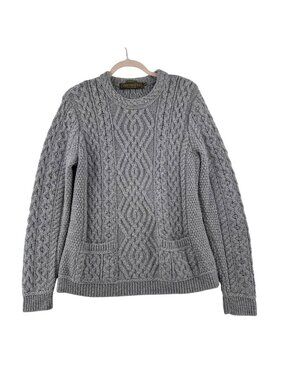 Vintage Inis Crafts Sweater Women's L Gray 100% Merino Wool Cable Knit Crewneck